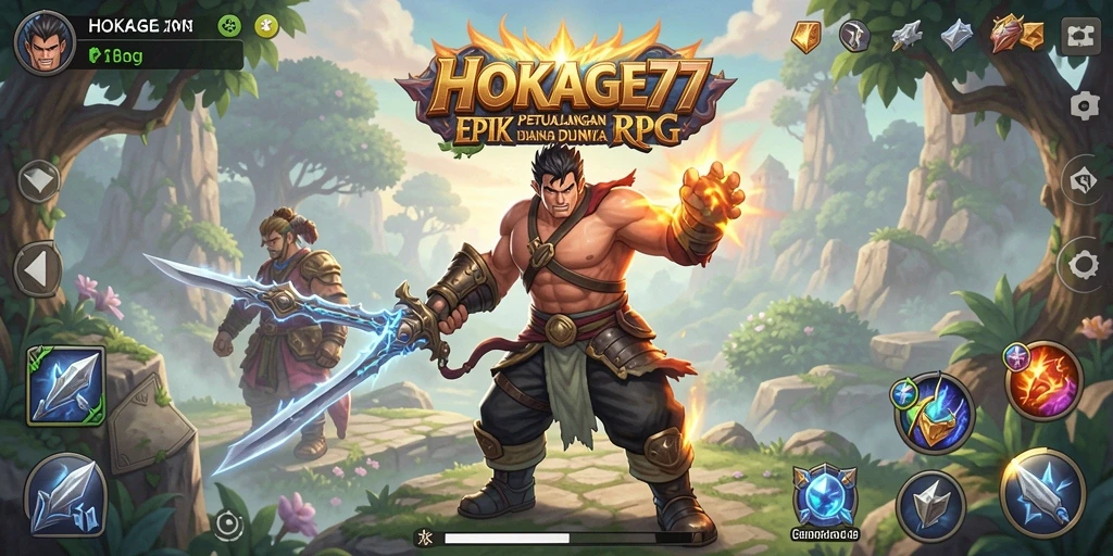 Screenshot gameplay HOKAGE77 menampilkan karakter yang sedang bertarung di arena RPG.